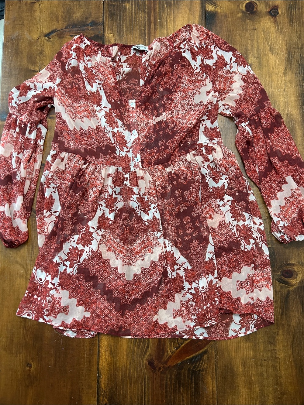 Show Me Your Mumu Red Floral Feminine Sheer Dress with long sleeves and buttons